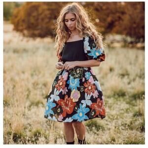 JessaKae Fairytale fireside floral puff sleeve black metallic organza Mini dress